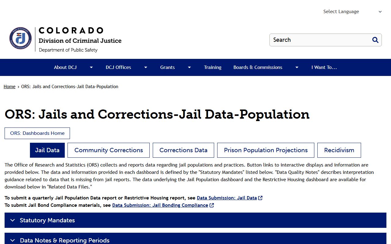 Jackson County inmate population data on Colorado ORS jail dashboard