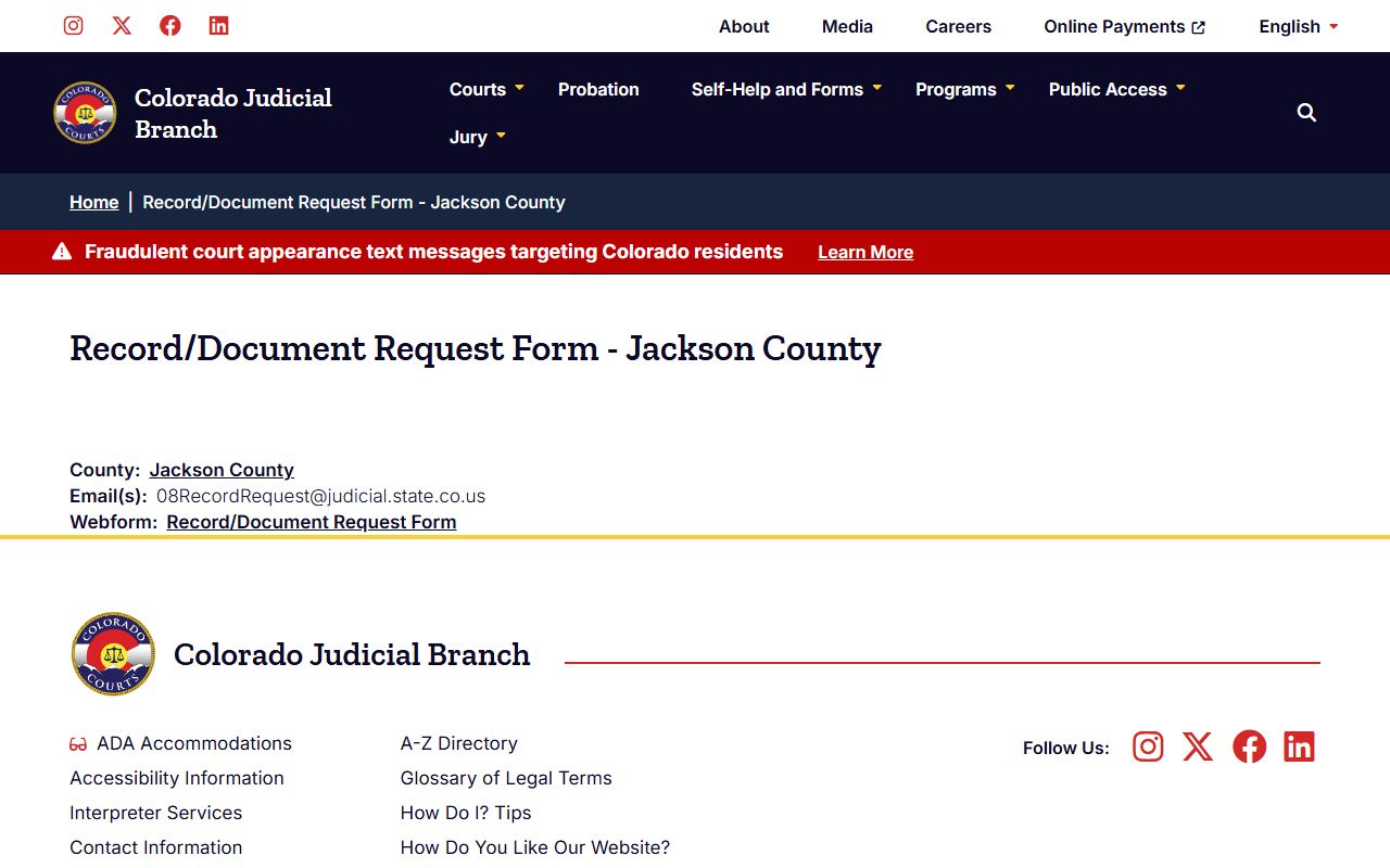 Jackson County court record request page for arrest case documents