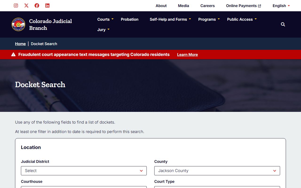Jackson County court docket search fields after jail arrest